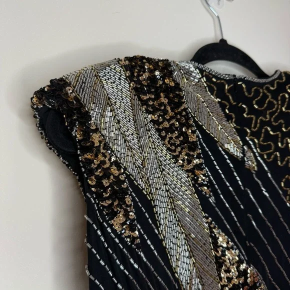 Authentic Vintage 20s Flapper 100% Silk Beaded Gold Black Flower Appliqué Dress